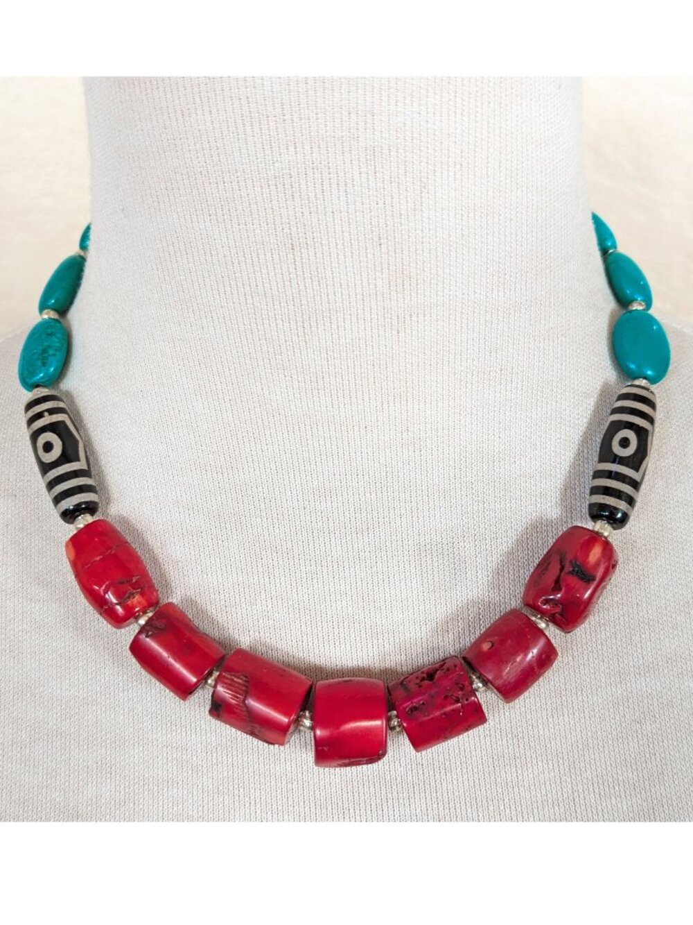 Southwestern Red Coral & Turquoise Tribal Print Statement Necklace